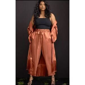 Eloquii Satin Rust Orange Open Front Long Duster and Pant Set Size 14/16 Fringe